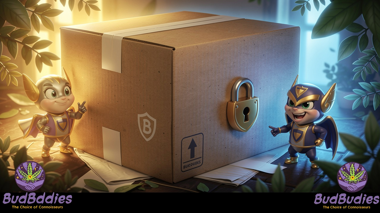 Cartoon sealed delivery box with privacy and security symbols