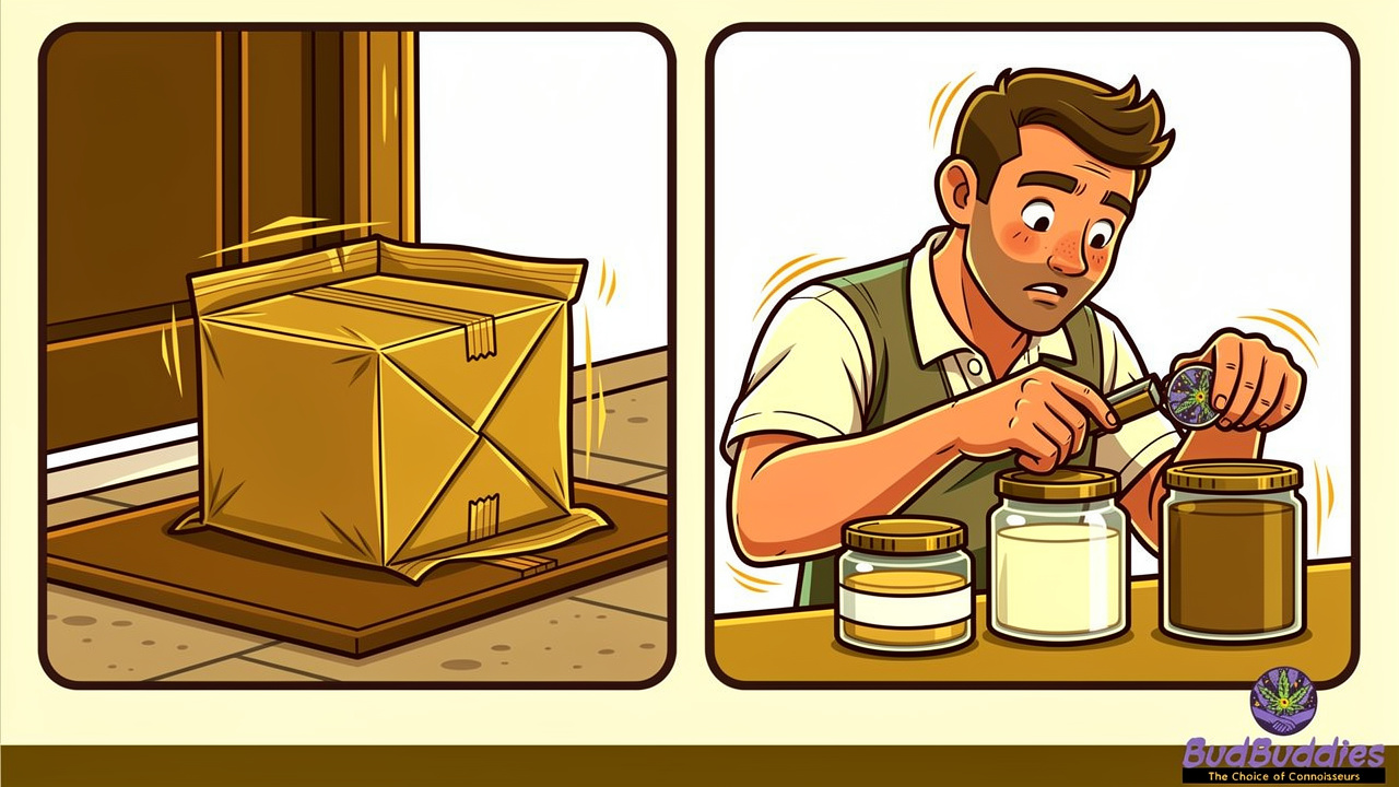 Cartoon showing discreet packaging transferred to secure storage