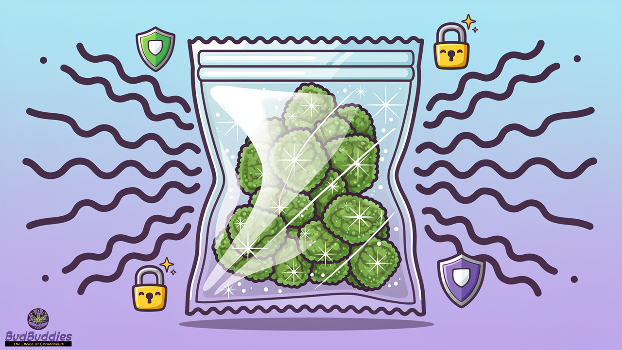 Cartoon illustration of vacuum-sealed, discreet cannabis packaging with privacy symbols