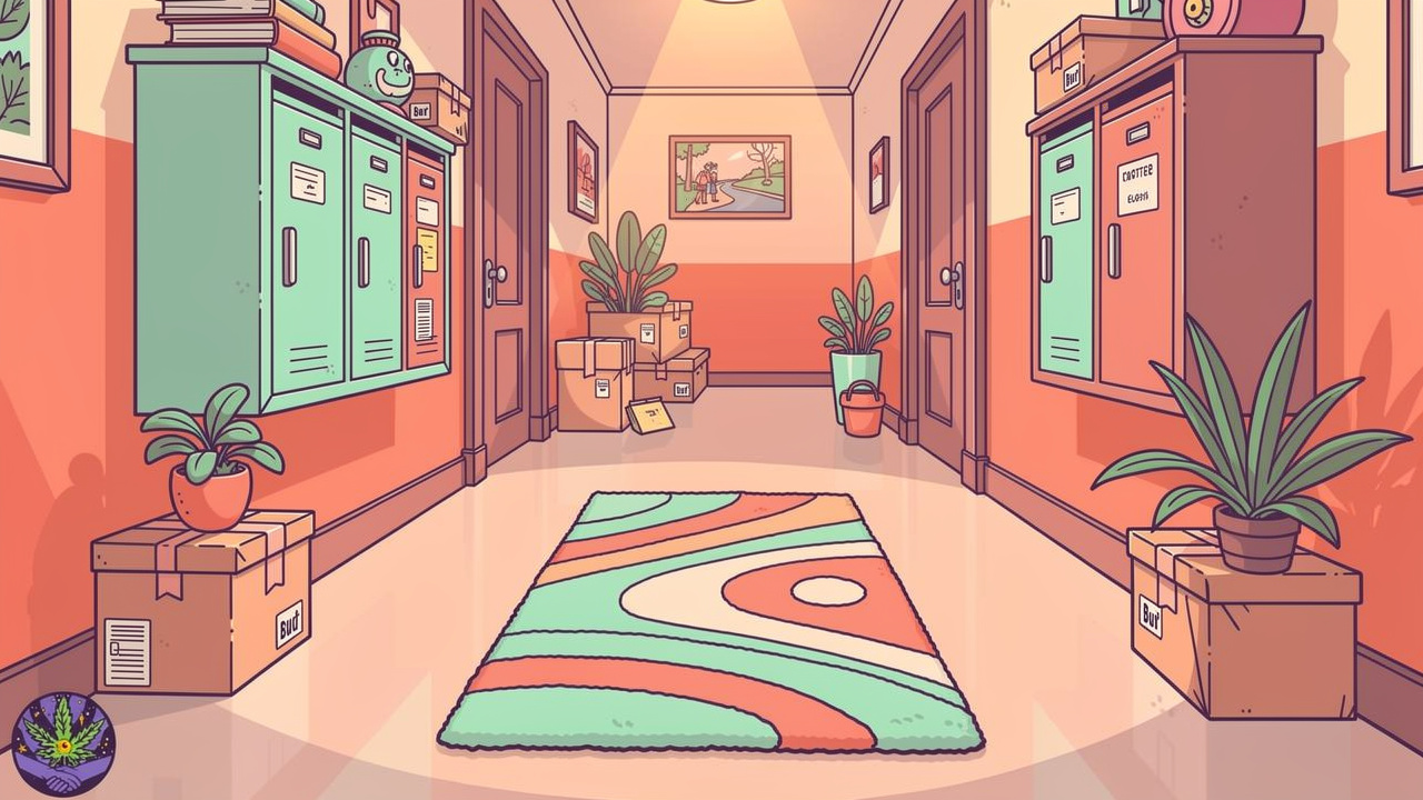 Plain brown parcels in a cheerful student shared house hallway