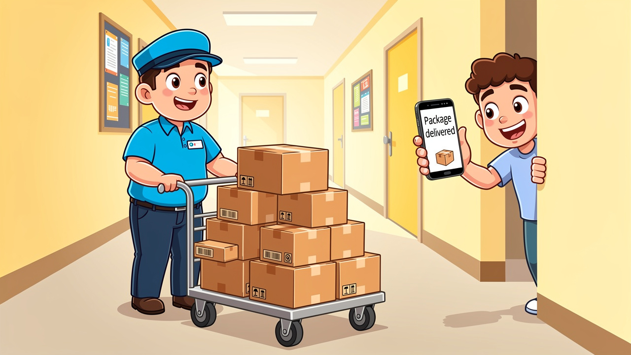 Cartoon of discreet plain parcel delivered to university halls