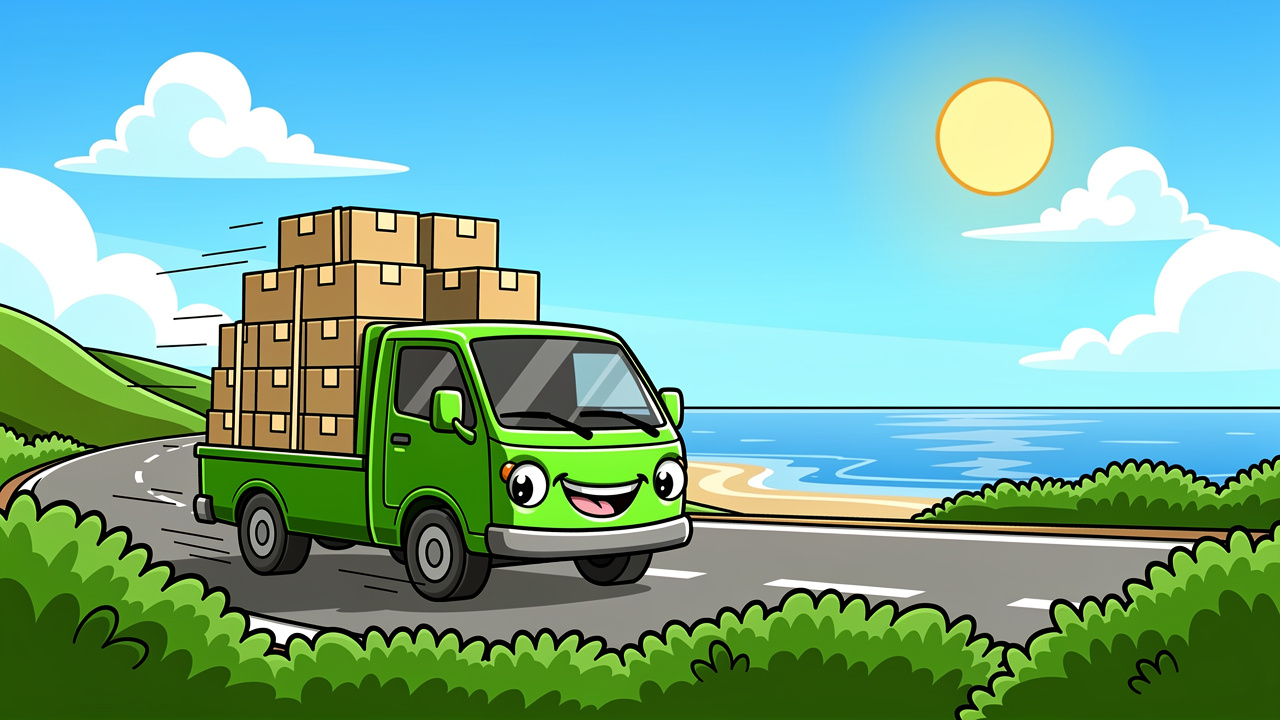 Cartoon green delivery van carrying discreet parcels along coastal road