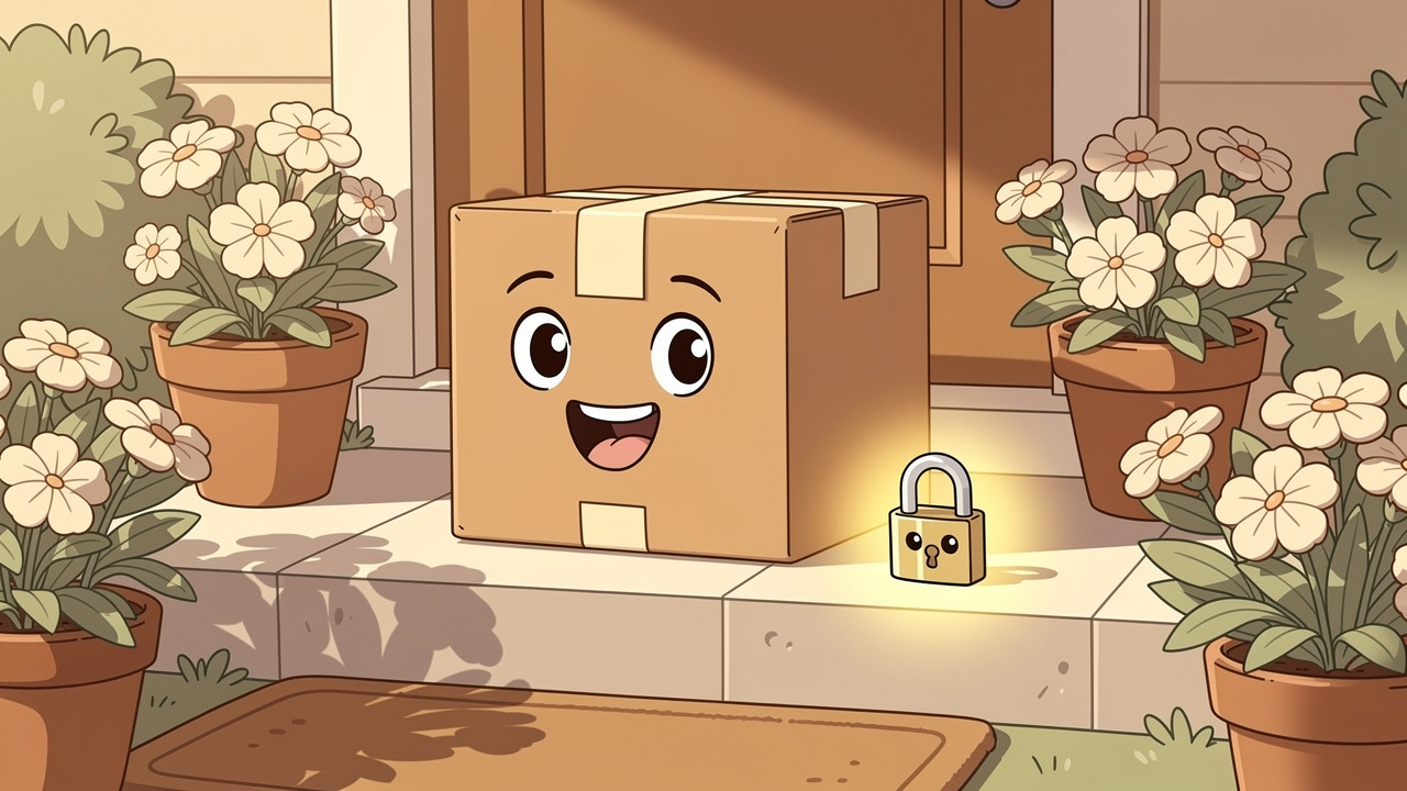 Plain cartoon parcel on doorstep representing discreet cannabis delivery
