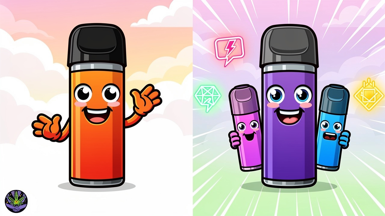 Cartoon comparison of disposable and rechargeable vape pen options
