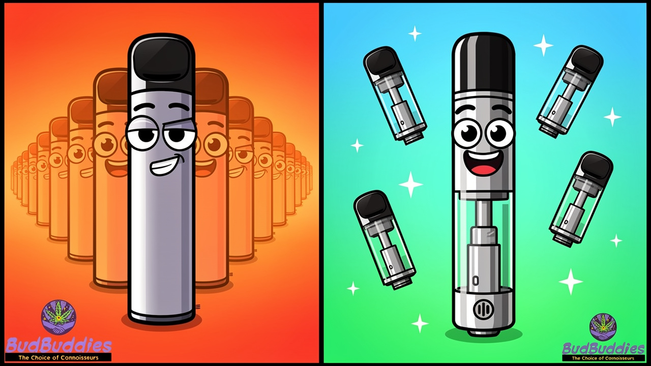 Cartoon comparison of disposable vape versus refillable cartridge systems
