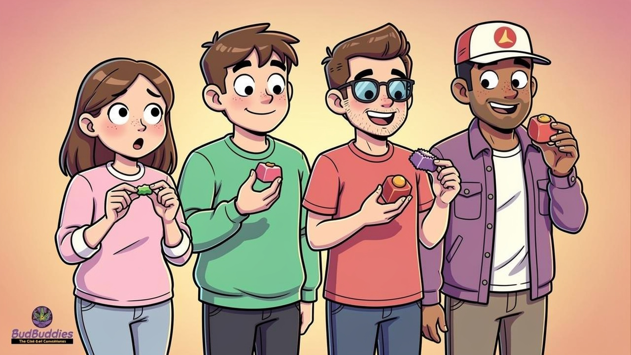 Four cartoon characters showing different THC dosage levels