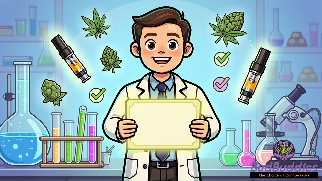 Cartoon scientist verifying cannabis products in a colourful laboratory