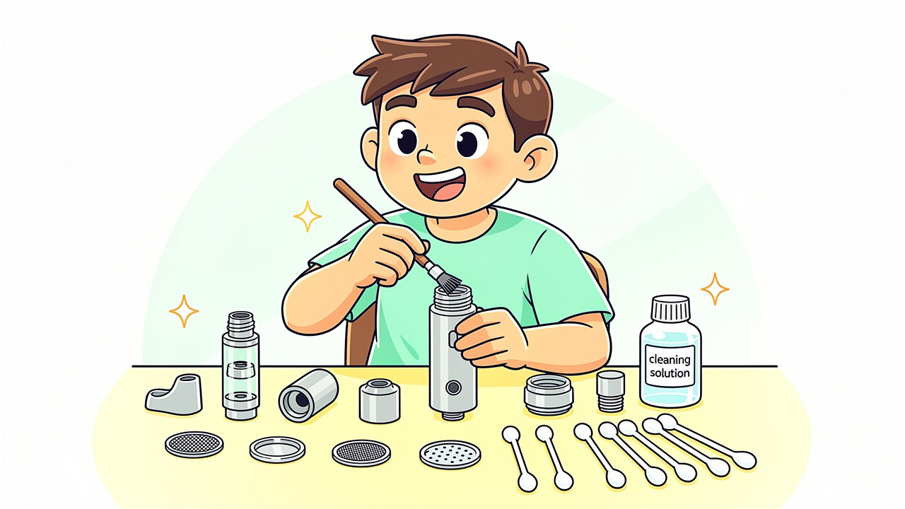 Cartoon character cleaning a dry herb vaporiser device
