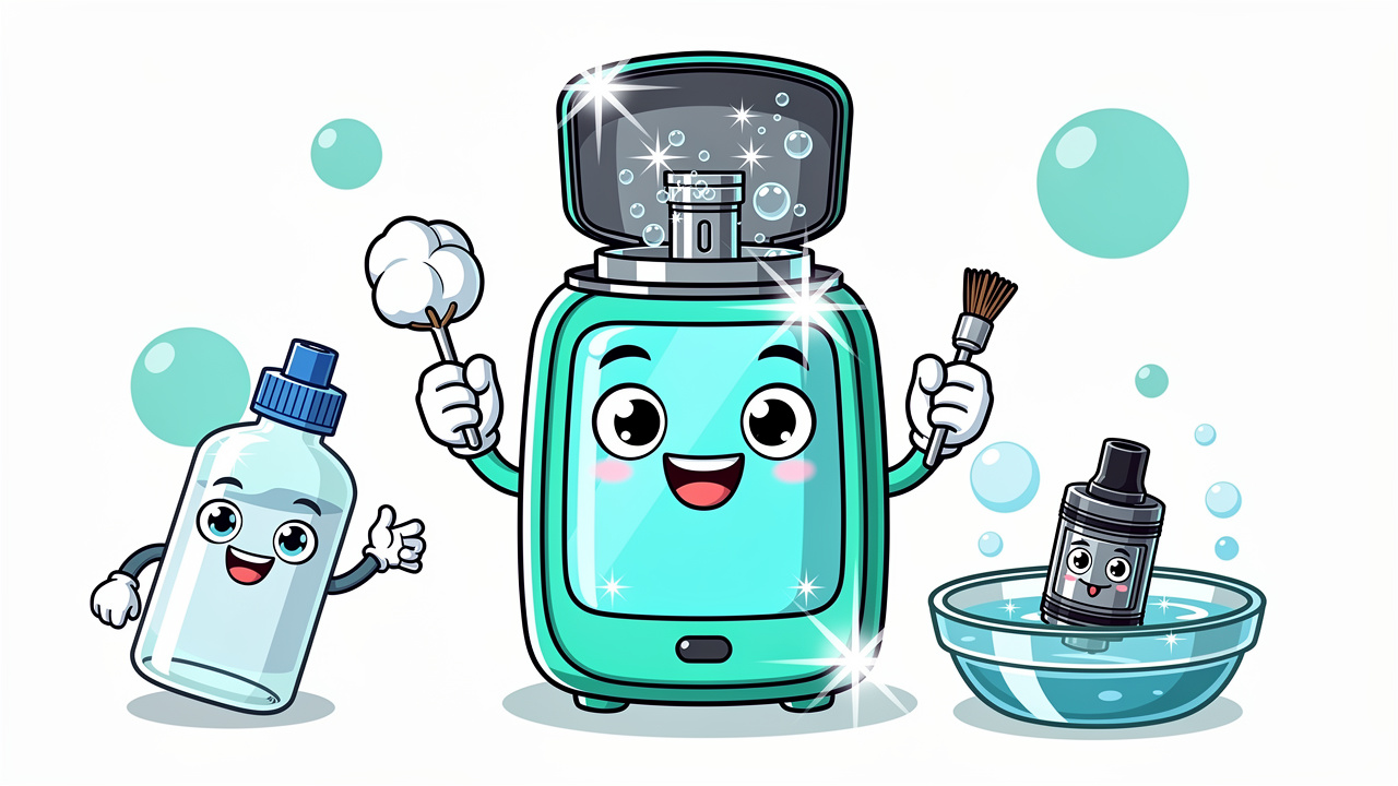 Cartoon vaporiser being cleaned with brush and cotton buds