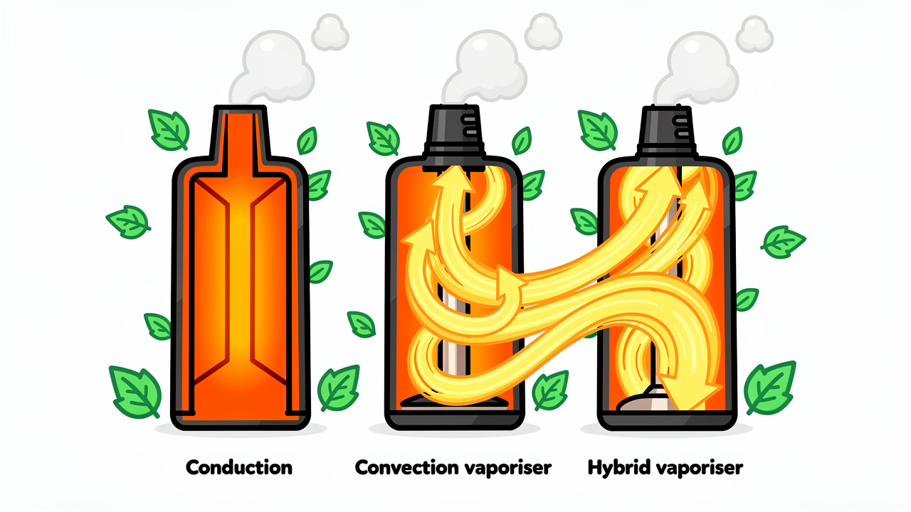 Cartoon showing conduction convection and hybrid vape heating