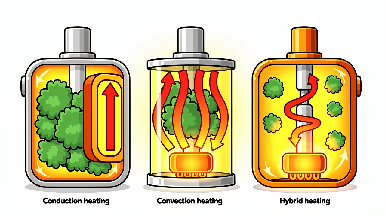Cartoon diagram showing three dry herb vape heating methods