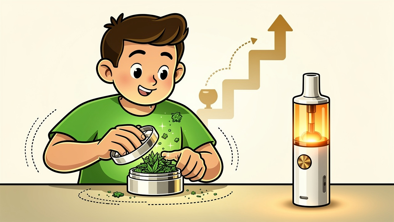 Cartoon showing herb grinding and vaporiser temperature step-up method