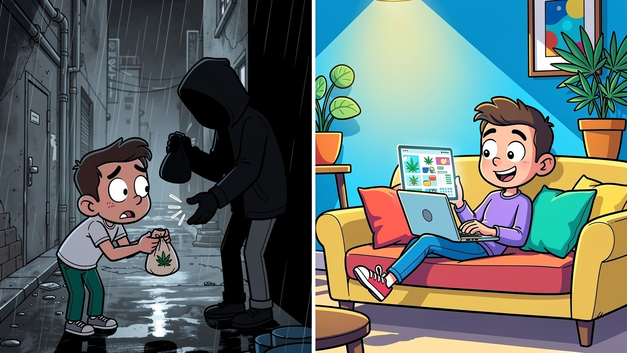 Cartoon contrast of street buying versus safe online cannabis shopping