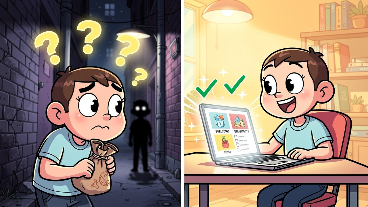 Cartoon showing street buying versus safe online cannabis shopping
