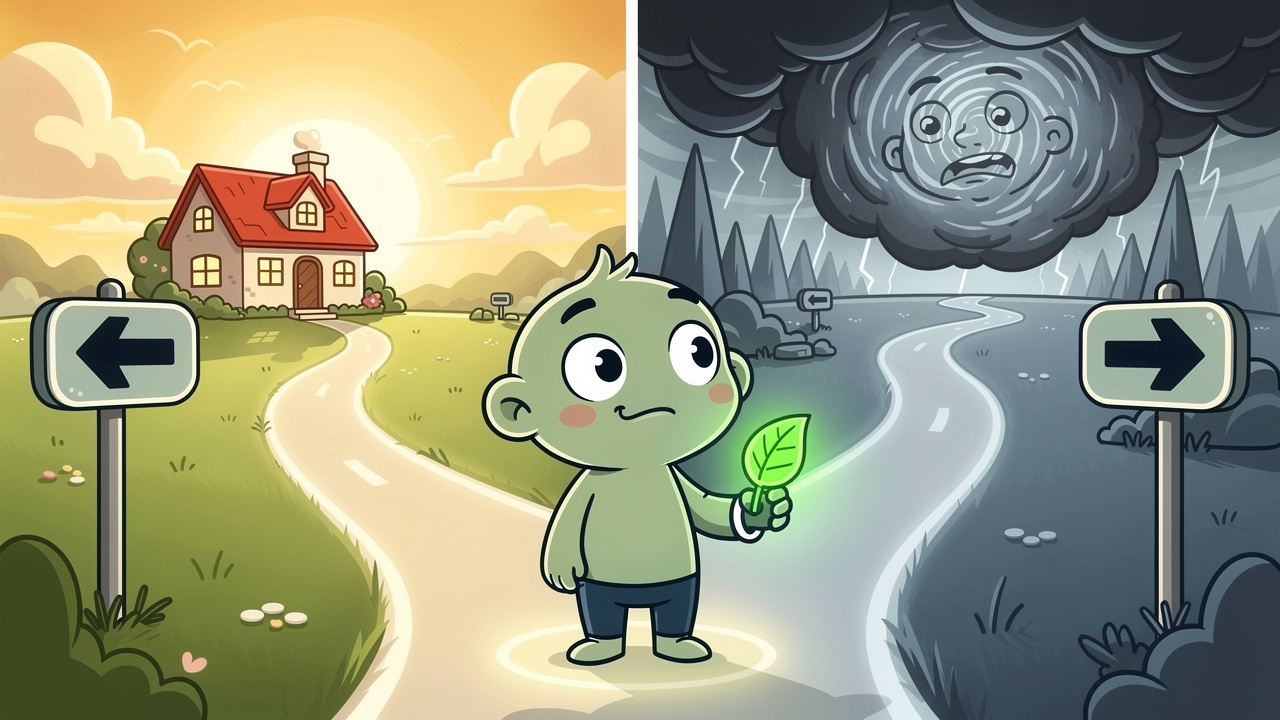 Cartoon character choosing the right edible path wisely