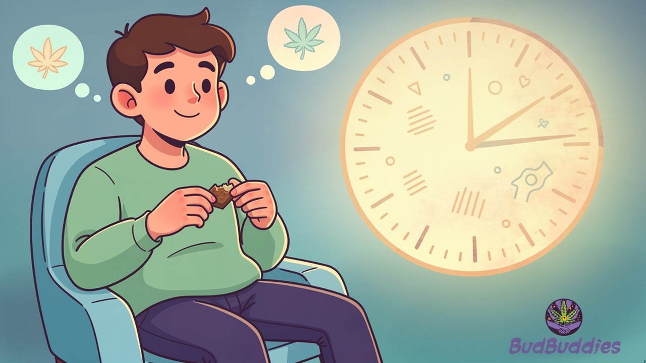 Cartoon beginner with edible and time symbol representing onset waiting