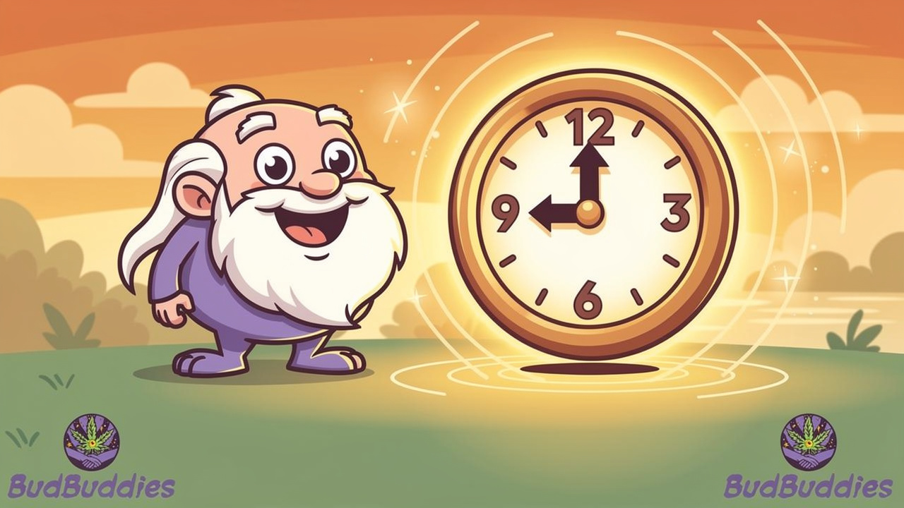 Animated character with clock showing time passage for edible onset