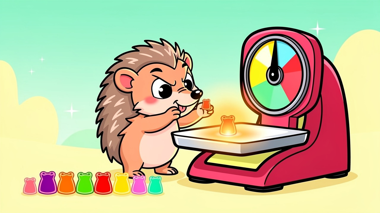 Cartoon hedgehog carefully measuring a small edible dose
