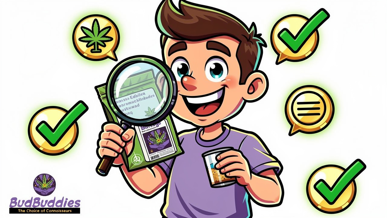 Cartoon character reading and verifying edible product label