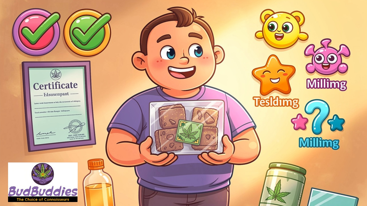 Cartoon character reviewing essential quality checks for cannabis edible products
