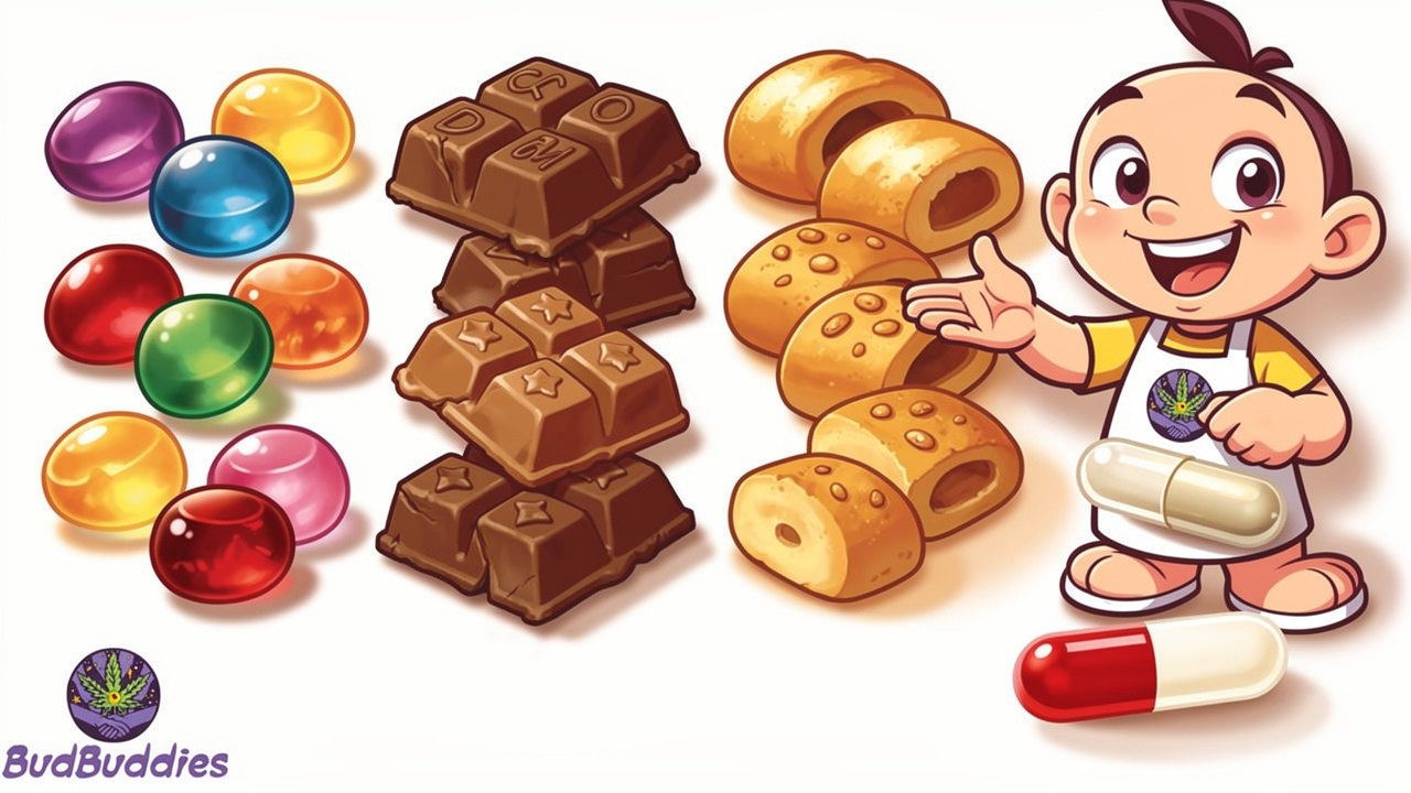 Cartoon illustration showing various edible formats arranged for easy comparison