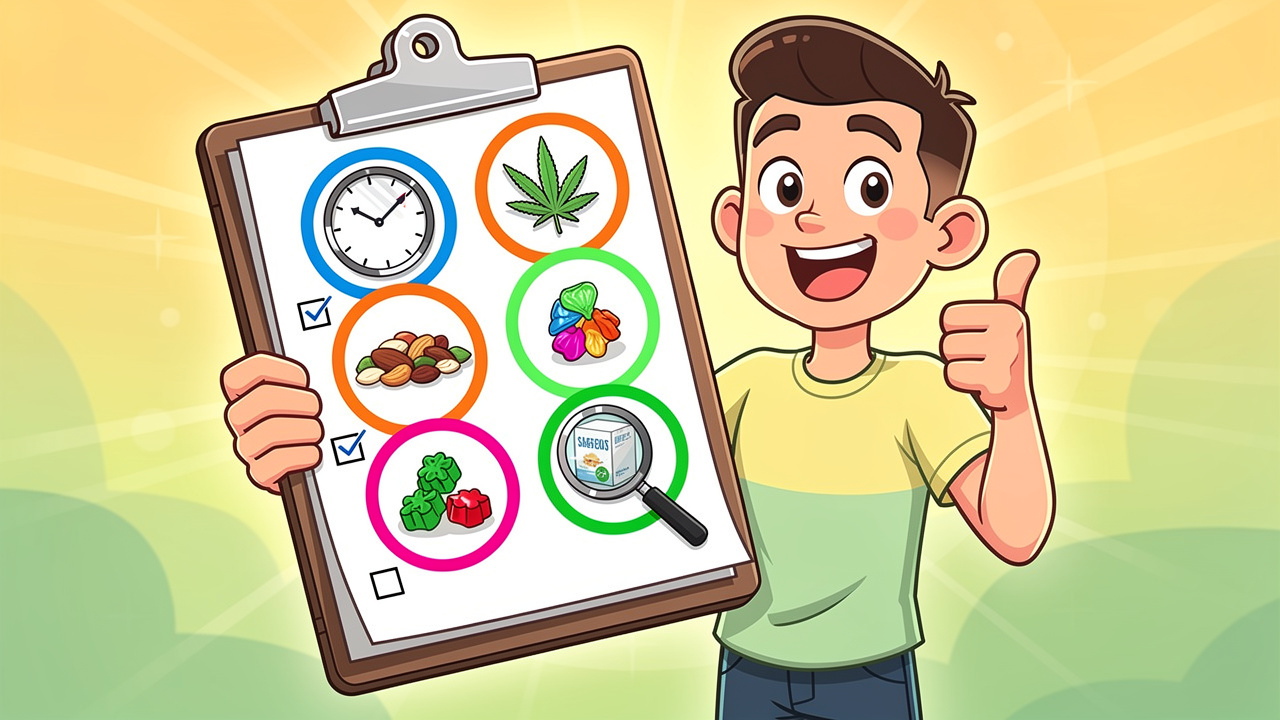 Cartoon character with checklist for fixing edibles
