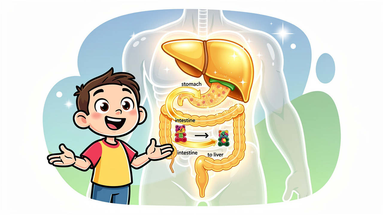 Cartoon diagram of edibles digesting through liver