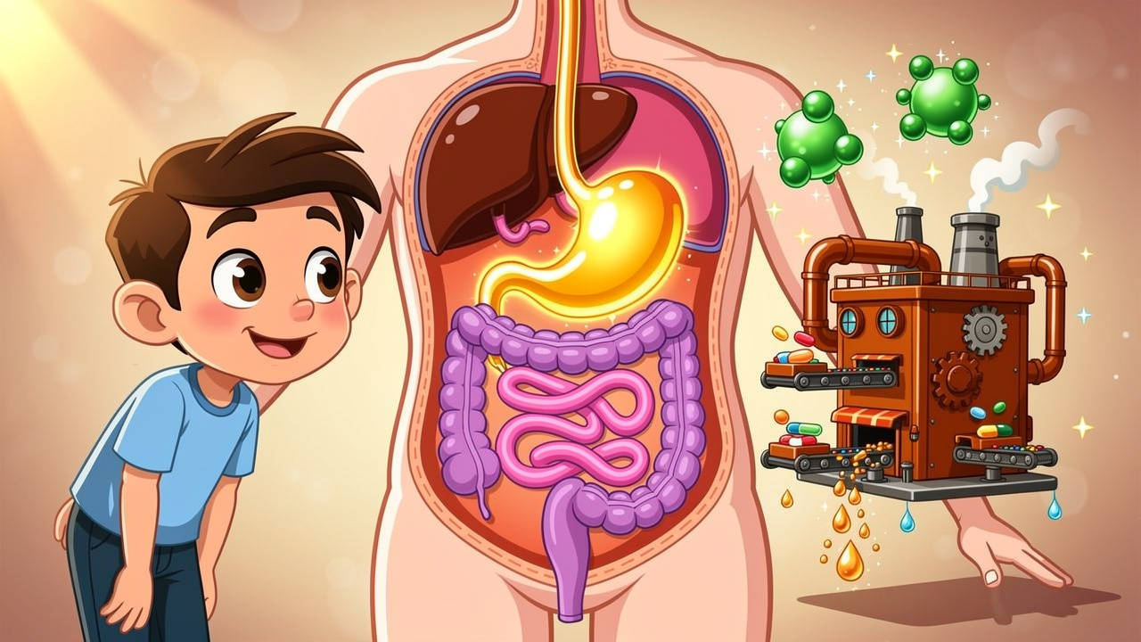 Cartoon diagram of edibles travelling through the digestive system