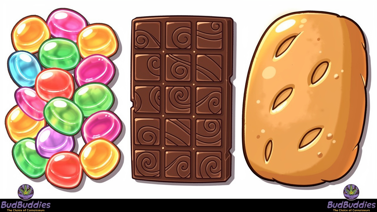 Cartoon illustration of gummies, chocolate, and baked edibles