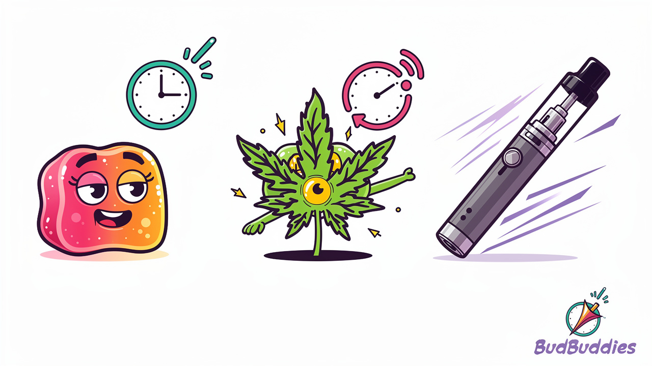 Cartoon comparison of edibles, flower, and vape formats