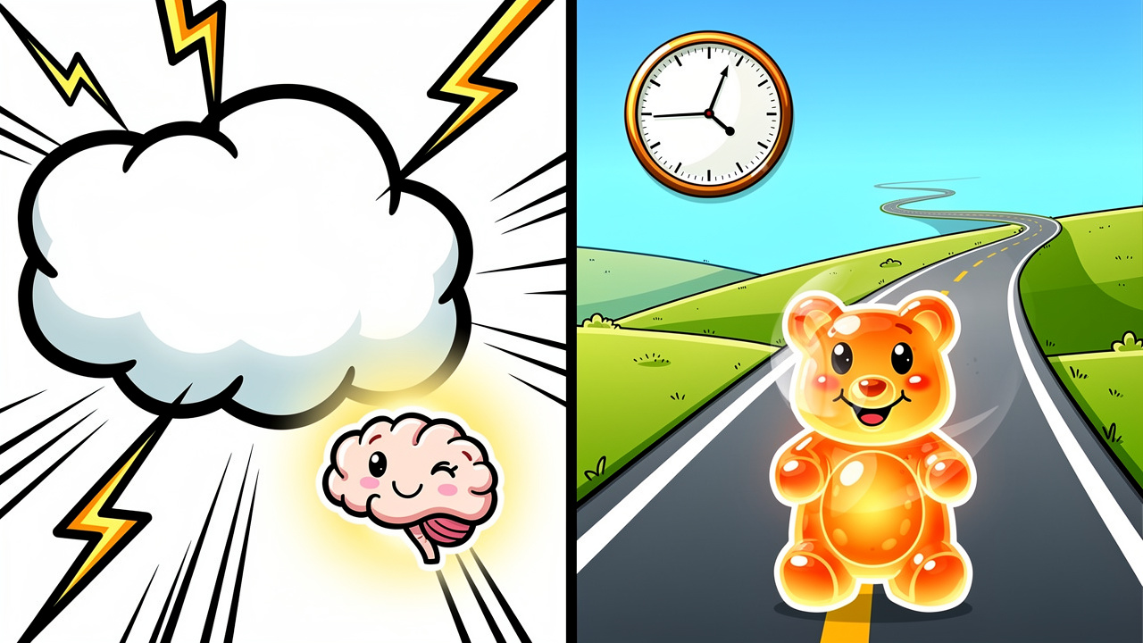 Cartoon comparing fast vape onset versus slow edible journey