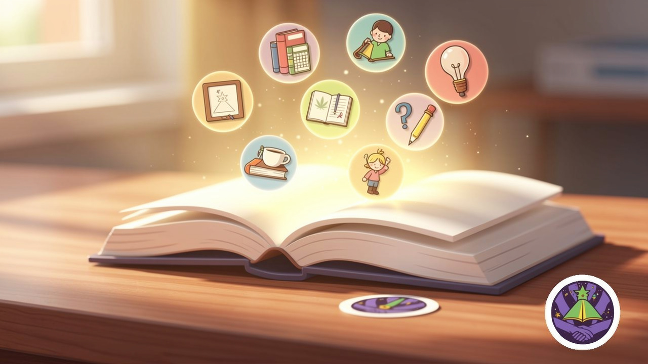 Illustrated open book with educational icons and warm lighting