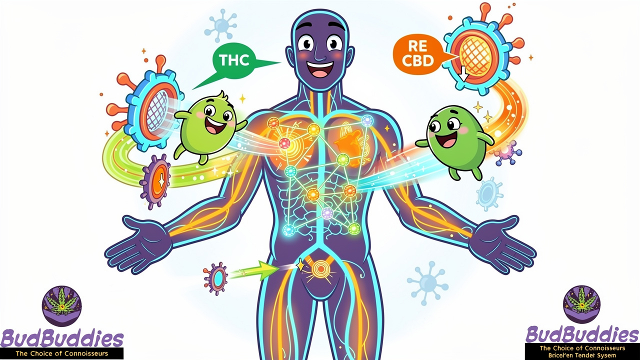 Cartoon illustration of cannabinoids interacting with the body's receptor system