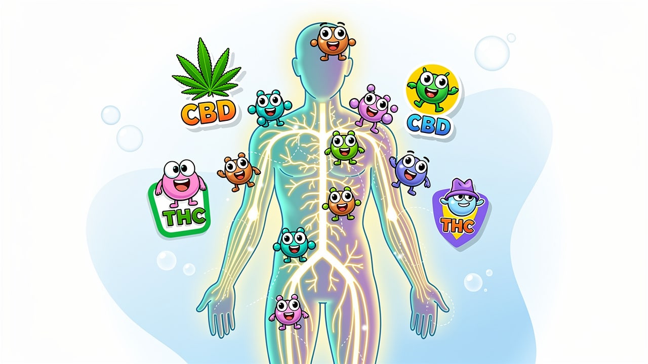 Cartoon diagram of the endocannabinoid system and cannabis