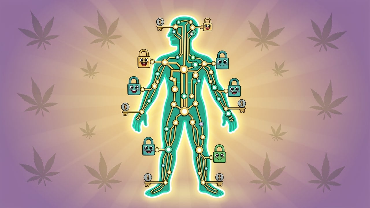Cartoon diagram showing the endocannabinoid system and cannabis