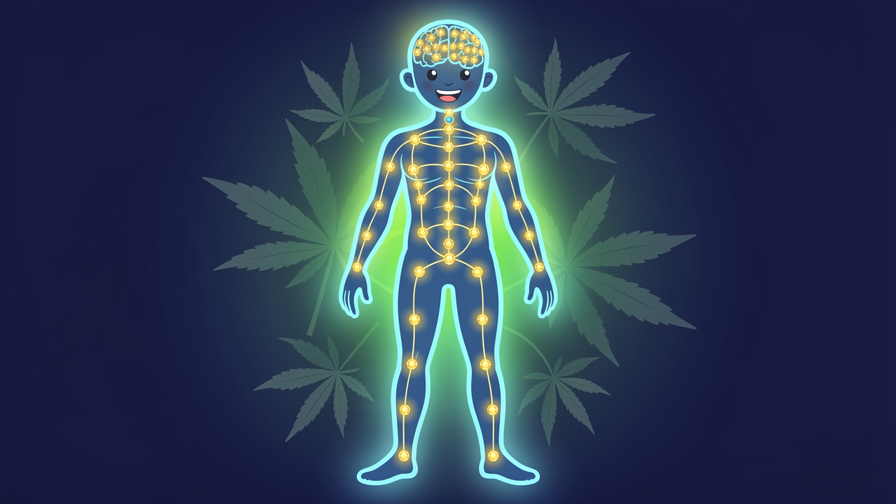 Cartoon diagram of the endocannabinoid system glowing