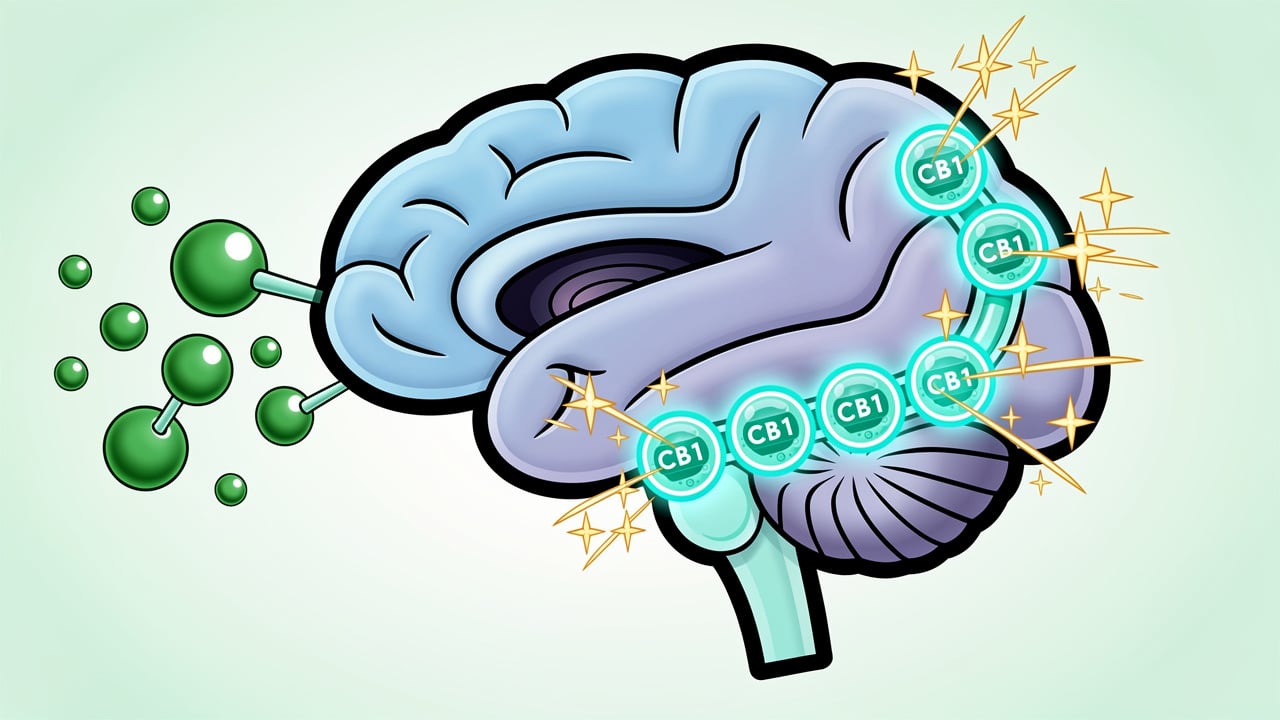 Cartoon diagram of THC binding to CB1 receptors in brain