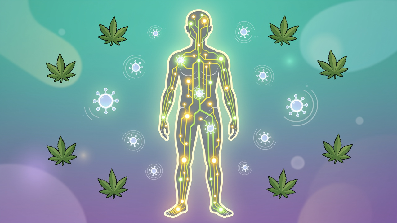 Cartoon diagram showing the endocannabinoid system and cannabis interaction