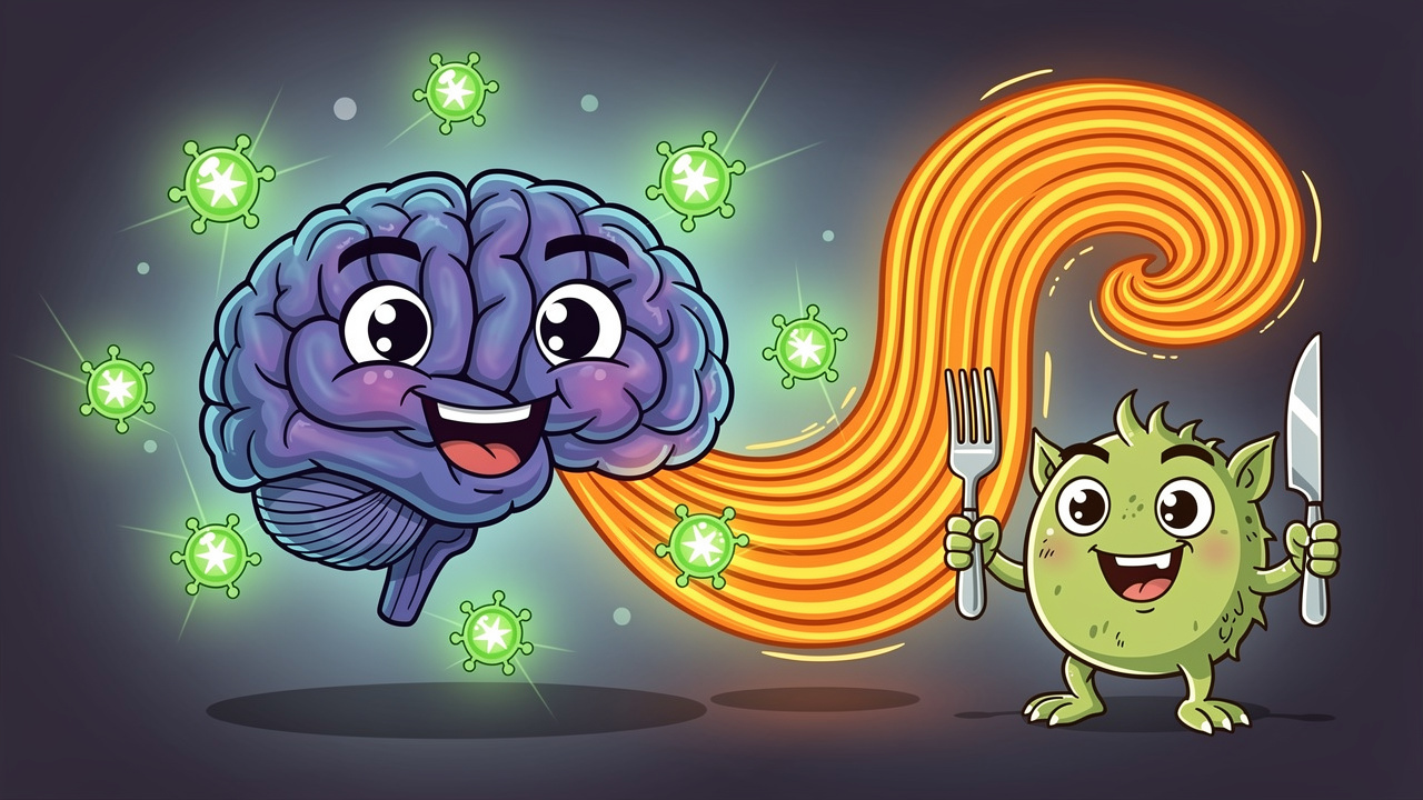 Cartoon brain with glowing receptors and cheerful hunger characters