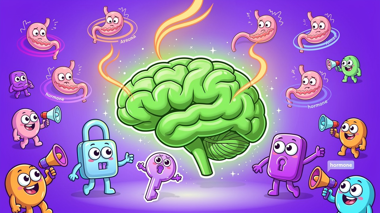 Cartoon brain showing cannabis receptors triggering hunger response