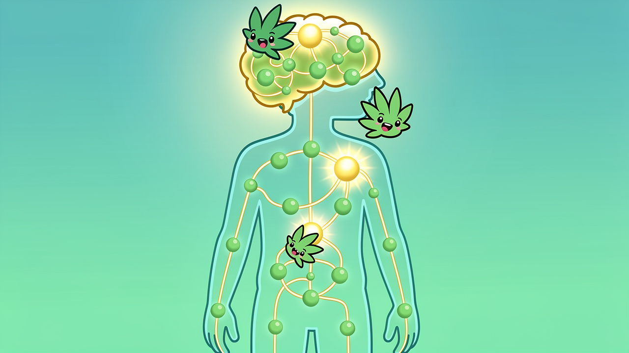 Cartoon illustration of endocannabinoid system and cannabis interaction