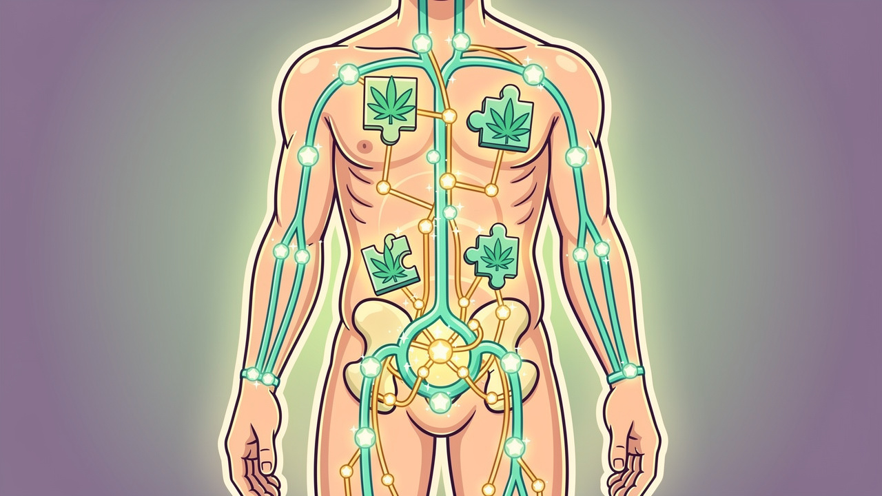 Cartoon diagram of endocannabinoid system and period cramps