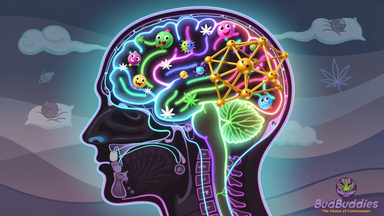 Cartoon brain illustration showing cannabinoid interaction with glowing neural pathways