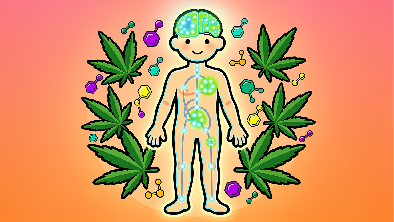 Cartoon illustration of the endocannabinoid system and cannabinoids