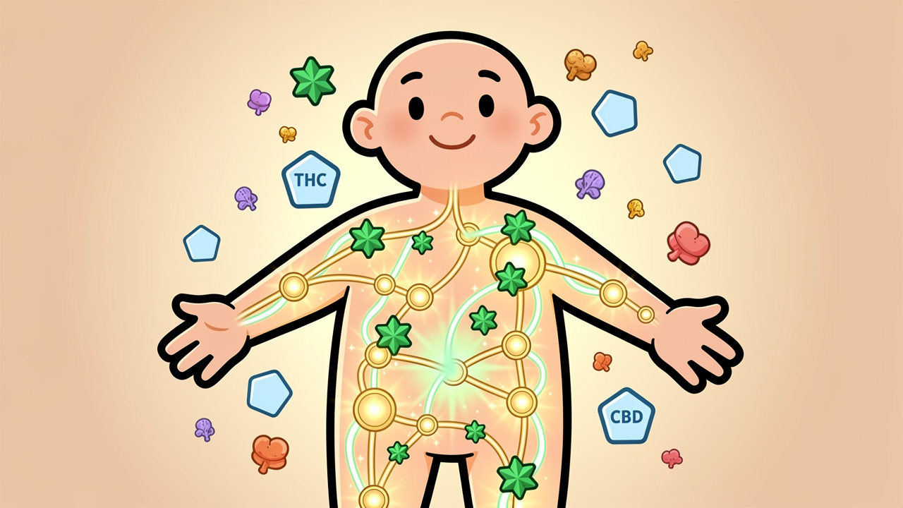 Cartoon diagram of endocannabinoid system with THC and CBD molecules