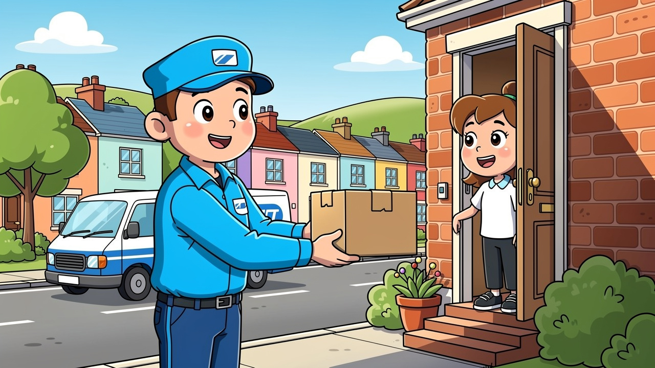 Cartoon discreet parcel delivery to Enniskillen front door