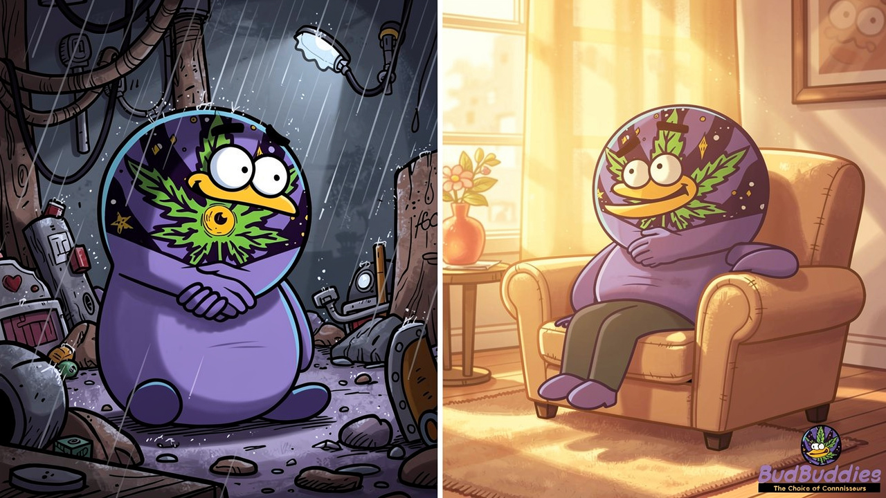 Before and after cartoon showing character in calm versus chaotic environments