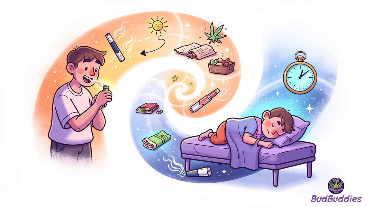 Cartoon illustration of an evening routine showing cannabis consumption timing and progression to sleep