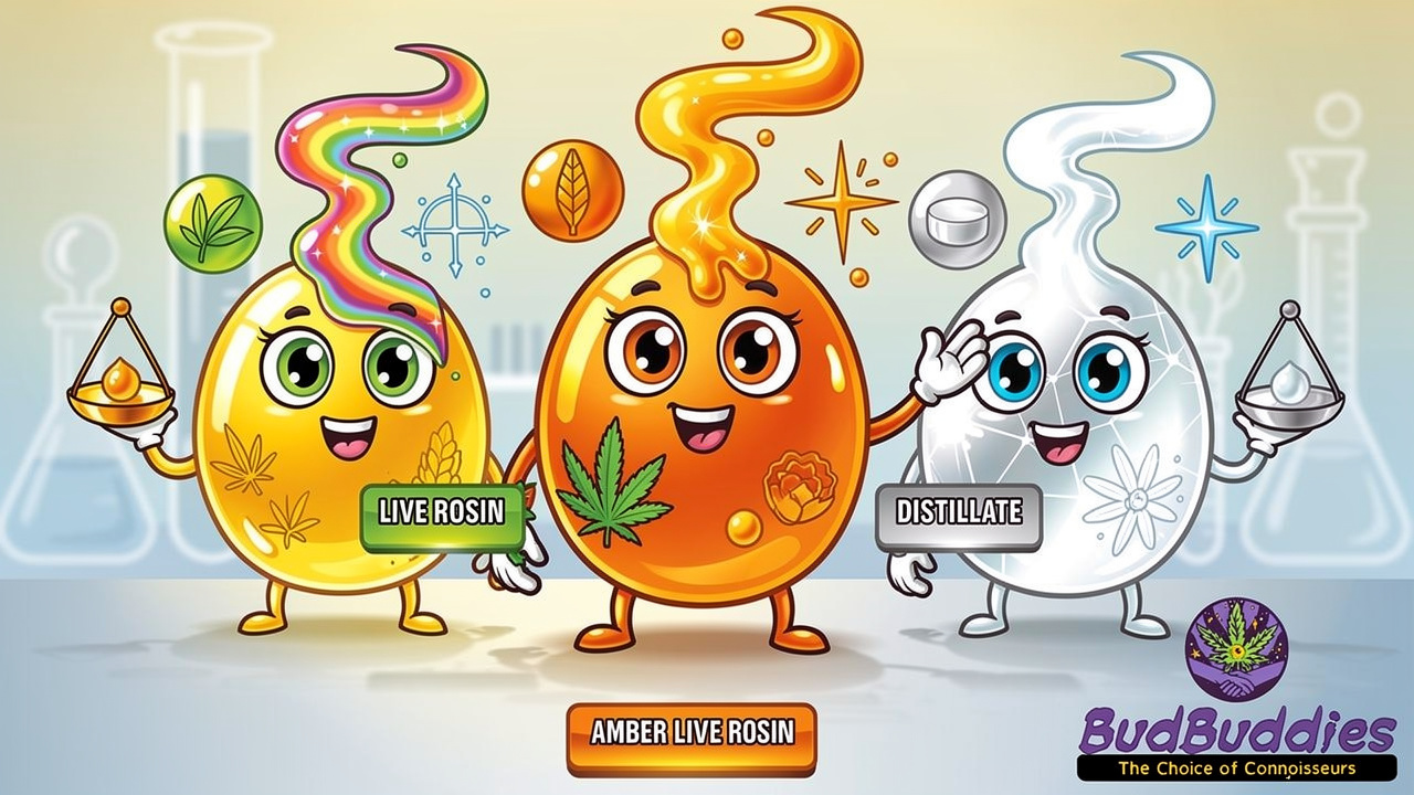 Cartoon characters representing live rosin, live resin, and distillate extraction types