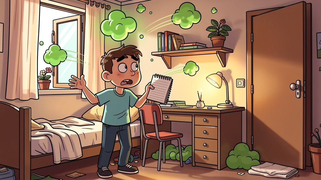 Cartoon student failing to mask cannabis smell in dorm room